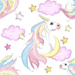 Seamless pattern with cute unicorns, stars, hearts, rainbow, moon, doodle abstractions. Magic endless background with little unicorns.