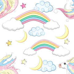 Cute seamless pattern with rainbow unicorns in the clouds