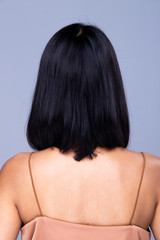 Back side view of Women to show short black straight Hair style before after applying hair styling, studio lighting white background isolated, copy space for text logo