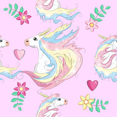Obraz na płótnie Canvas Cartoon seamless pattern. Unicorn with rainbow and clouds. For designed print.