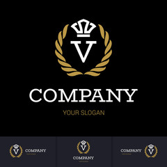Illustration of Luxury Vintage Crest Logo with letter V in the Middle and Luxury Crown. Calligraphic Royal Emblems and Elements Logo Icon Template on Black Background