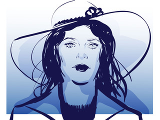 croquis portrait femme portant un grand chapeau de mode  couleur bleu fond dégradé vectoriel - 287864957