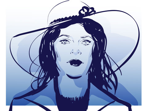 croquis portrait femme portant un grand chapeau de mode  couleur bleu fond d&eacute;grad&eacute; vectoriel