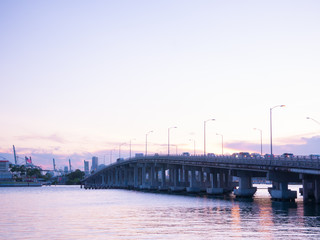 Fototapeta na wymiar Macarthur Causeway Bridge in South Beach, Biscayne Bay, Miami
