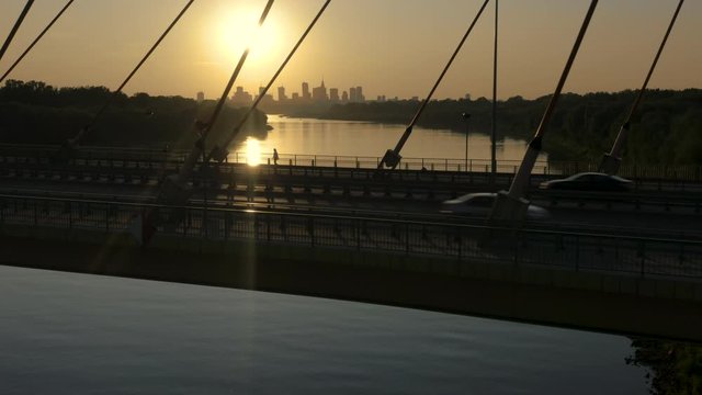 Drone footage of Siekierkowski Bridge in Warsaw.