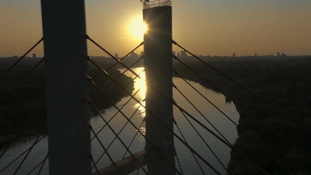 Drone footage of Siekierkowski Bridge in Warsaw.