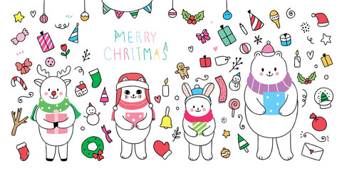 Cartoon cute Christmas, animals and element Christmas vector.