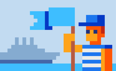 Sailor holds a flag on the background of the sea and the ship pixel art vector illustration. Design for logo, sticker and mobile app.