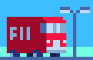 Naklejka premium Red bus rides on the road. Design for logo, sticker and mobile app. Сartoon flat style. Isolated pixel art vector illustration.