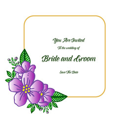 Beauty artwork of purple wreath frame, wedding invitation for cute bride and groom. Vector