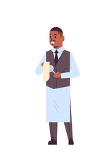 Obraz na płótnie Canvas professional waiter polishing wine glass with towel african american man restaurant worker in uniform flat full length white background vertical