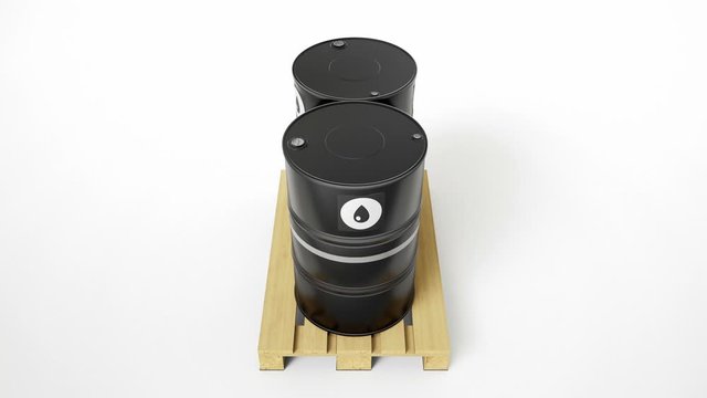 Two metal black barrels with oil symbol located on wooden pallet isolated on white background. Barrels are strapped by tape, fillers on top. Camera tilt movement. 60 fps animation.
