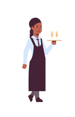 professional waitress holding serving tray with two glasses of champagne african american woman restaurant worker in uniform carrying alcohol drinks flat full length white background vertical