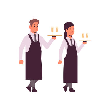 professional waiters holding serving trays with glasses of champagne man woman restaurant workers in uniform carrying alcohol drinks flat full length white background