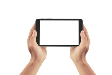Hands holding  tablet touch computer gadget with isolated screen