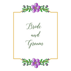 Cute bride and groom for wedding invitation card romantic, with wallpaper bright purple flower frame. Vector