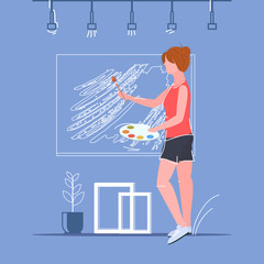 female painter using paintbrush and palette woman artist standing and painting picture on wall art creativity hobby creative occupation concept full length