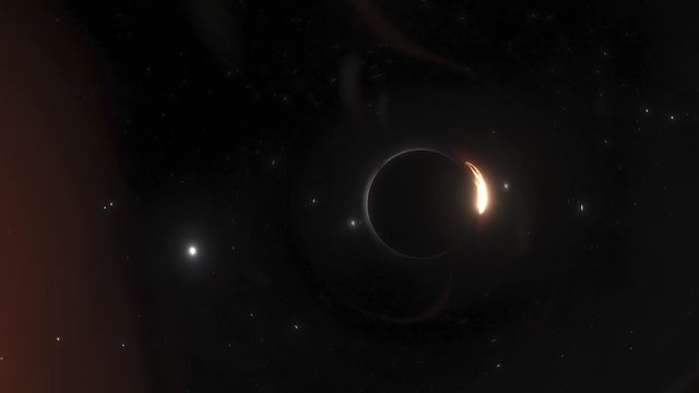 Simulation of a red hyper giant star orbiting behind a black hole.