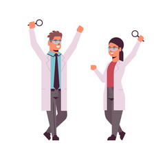 scientists couple raising hands with magnifying glass man woman researchers in uniform making experiment analysis in laboratory research science chemical concept full length flat