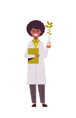female scientist examining plant sample in test tube african american woman with clipboard in uniform making experiment in genetic lab research science chemical concept vertical full length flat