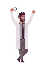 male scientist raising hands with magnifying glass african american man researcher in uniform making experiment analysis in laboratory research science chemical concept vertical full length flat