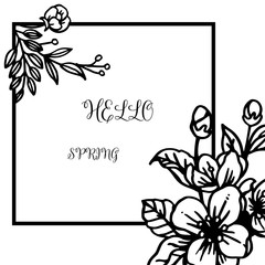 Invitation card hello spring, with silhouette wreath frame on white background. Vector
