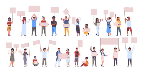 set different people protesters holding blank placards mix race men women activists with empty sign banners protest demonstration strike concept flat full length horizontal