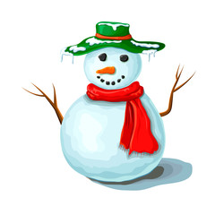 vector Christmas snowman illustration isolated on white background. Cute smiling snowman wearing red scarf and green hat covered with snow. xmas or winter symbol. hand drawn cartoon frosty character