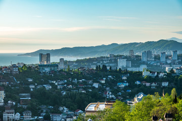 Obraz premium Green valley with the city Sochi in the sunshine.