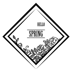 Card pattern of hello spring on white backdrop, with drawing of wreath frame. Vector