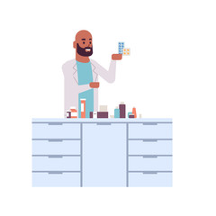 male scientific researcher holding drugs packages african american man in uniform analyzing pills scientist making experiment in laboratory research science concept full length flat