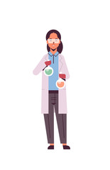 female scientist holding test tubes with colorful liquid woman in uniform and protective gloves holding flasks making experiment in laboratory research science chemical concept vertical full length