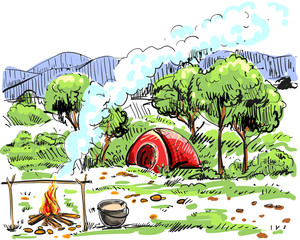 Detailed hand drawn ink colour illustration of tent and campfire. sketch. Vector eps 8
