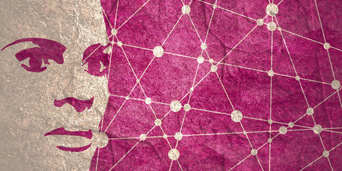 Face half turn view. Elegant silhouette of a female head. Molecule and communication background. Connected lines with dots.