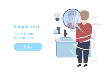 man shaving his face rear view guy looking at mirror modern home bathroom interior flat full length horizontal copy space