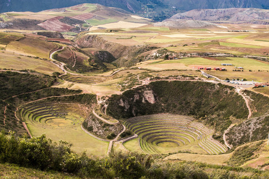 Beautiful landscape of Moray. Agricultural terraces in the sacred valley of the Incas, known how Inca's Laboratory, Cucso, Peru.