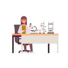female scientist working with microscope woman in uniform sitting at table making scientific experiments chemistry laboratory with test tubes research science concept full length