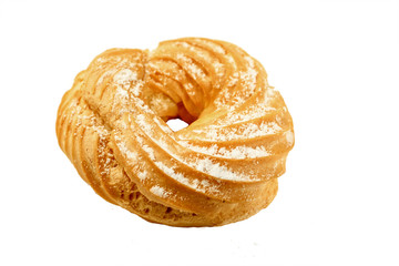 Isolated cream puff rings on white background.  Choux pastry. Custard rings with cottage cheese. 