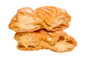 Isolated cut cream puff rings on white background.  Choux pastry. Custard rings with cottage cheese.