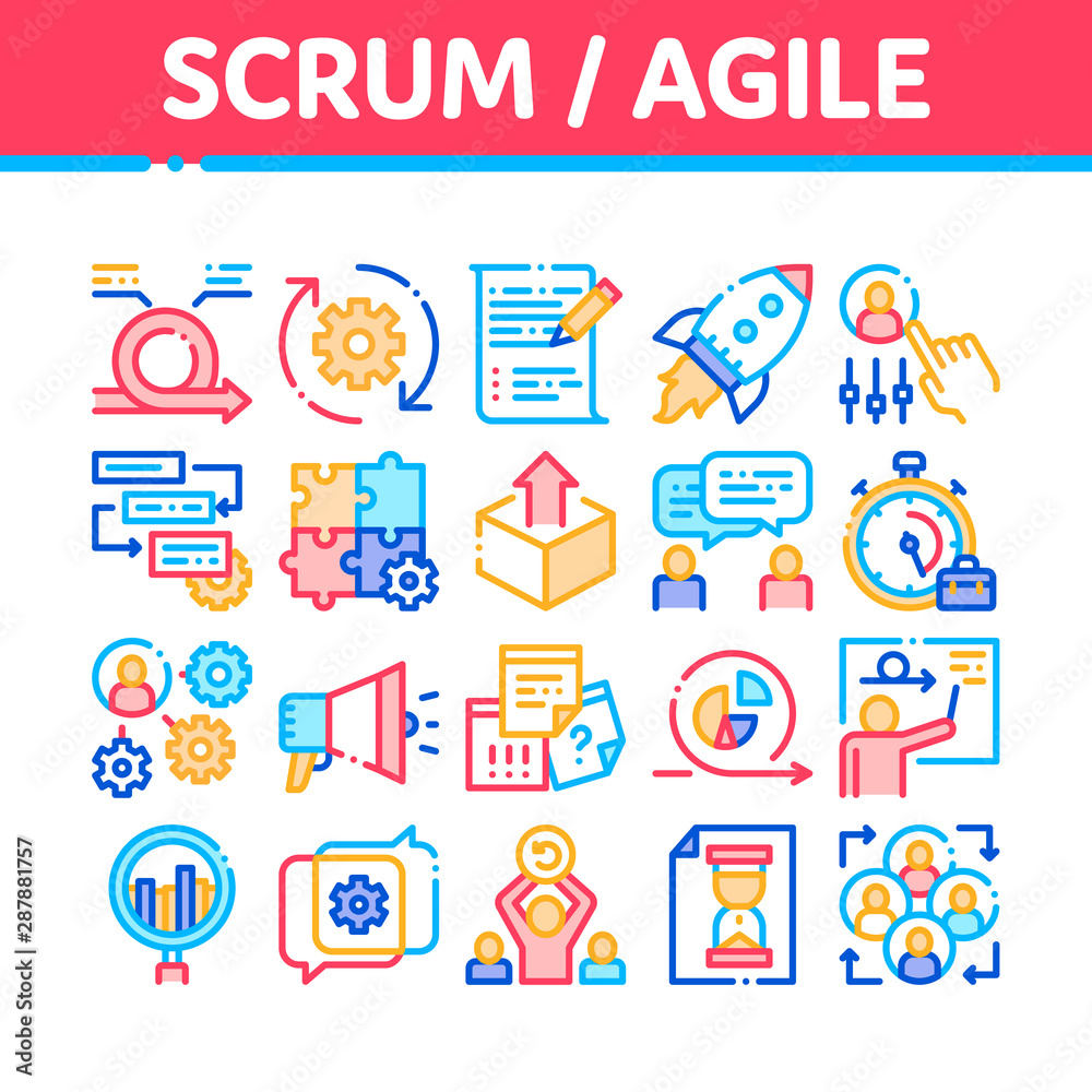 Aufkleber scrum agile collection elements vector icons set thin line. agile rocket and document file, gear and
