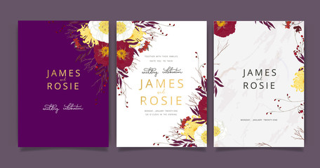 Autumn and fall Flower Wedding Invitation set, floral invite thank you, rsvp modern card Design in Red peony and white  floral with leaf greenery  branches decorative Vector elegant rustic template