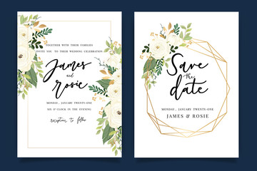 Luxury Wedding Invitation set,  invite thank you, rsvp modern card Design in Golden and white rose with leaf greenery branches  decorative Vector elegant rustic template