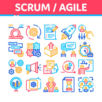 Scrum Agile Collection Elements Vector Icons Set Thin Line. Agile Rocket And Document File, Gear And Package, Loud-speaker And Stop Watch Concept Linear Pictograms. Color Contour Illustrations