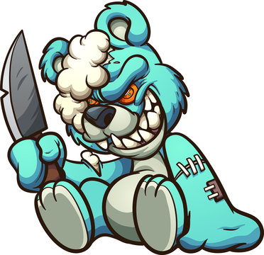 Naklejki Scary evil teddy bear holding a big knife clip art. Vector illustration with simple gradients. All in a single layer. 