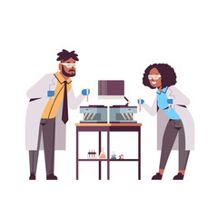 scientists couple holding test tubes with blood samples african american man woman in uniform using analyzer medical machine laboratory research science medicine concept full length flat