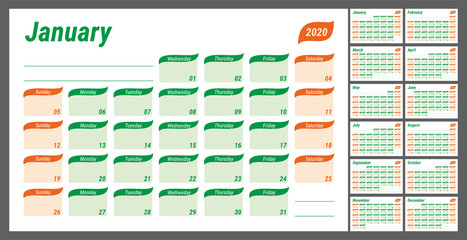2020 planner. English calendar. Schedule design, journal, day book, diary or to-do list. Green and red color vector template. Week starts on Sunday. Business planning. Horizontal layout