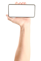 Hand holding phone isolated on white background with clipping path.