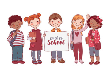 Cute kids with books. Back to school vector concept. Happy boys and girls with white banner