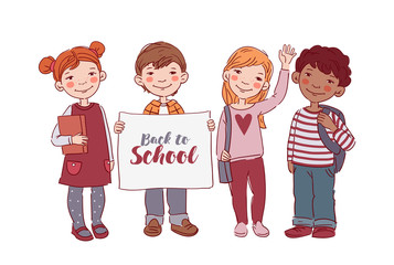 Cute kids with books. Back to school vector concept. Happy boys and girls with white banner