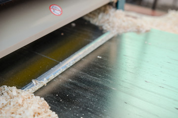 planing boards on a thicknesser. wood shavings. machine for planing wood. carpentry work. joiner's machine.